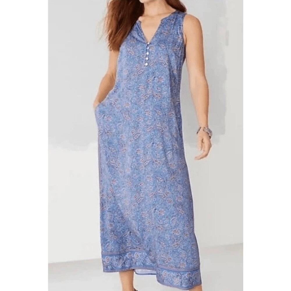 J.Jill Border Print Maxi Tank Dress Button Blue Gentle Paisley Sz XS Petite